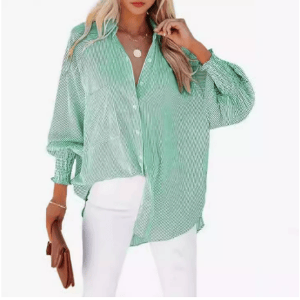 ✨Mid-length smocked shirt with striped lapel and oversized drawdown sleeves