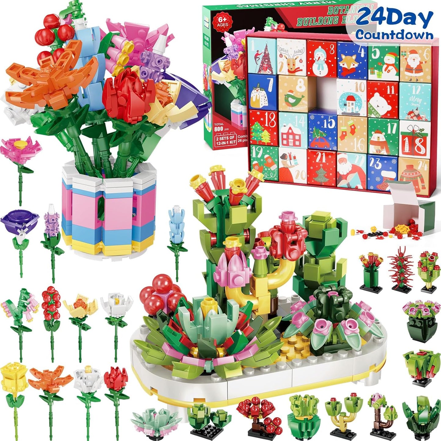 24 Days STEM Flower Bouquet Building Blocks Christmas Countdown Calendar Gifts Box