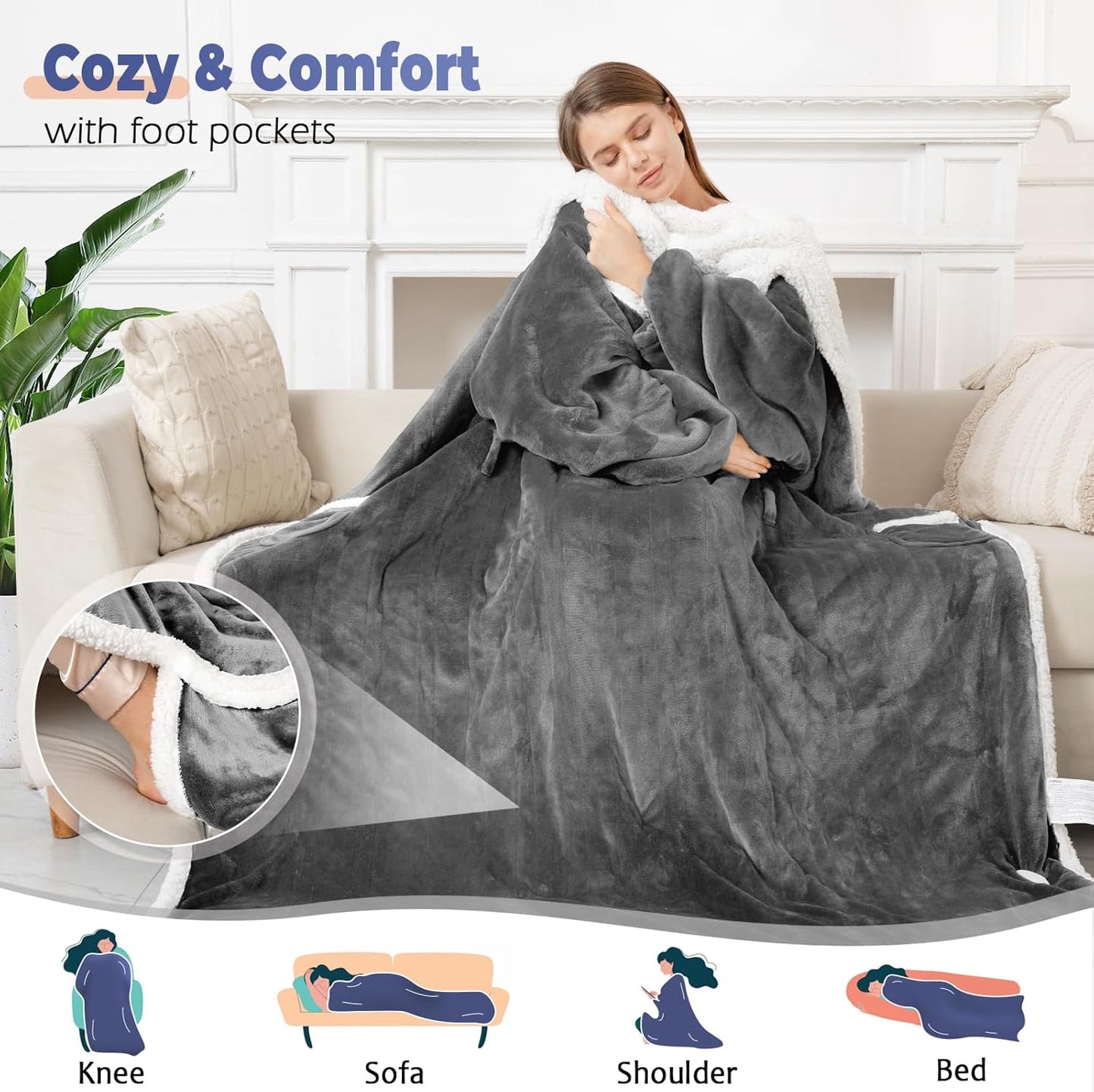 ⏰Last Day Promotion 49% OFF -⛄Portable Wearable Heated Blanket with Foot Pocket🌨️