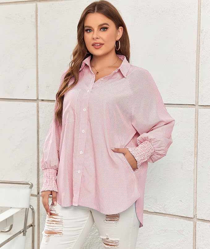 ✨Mid-length smocked shirt with striped lapel and oversized drawdown sleeves