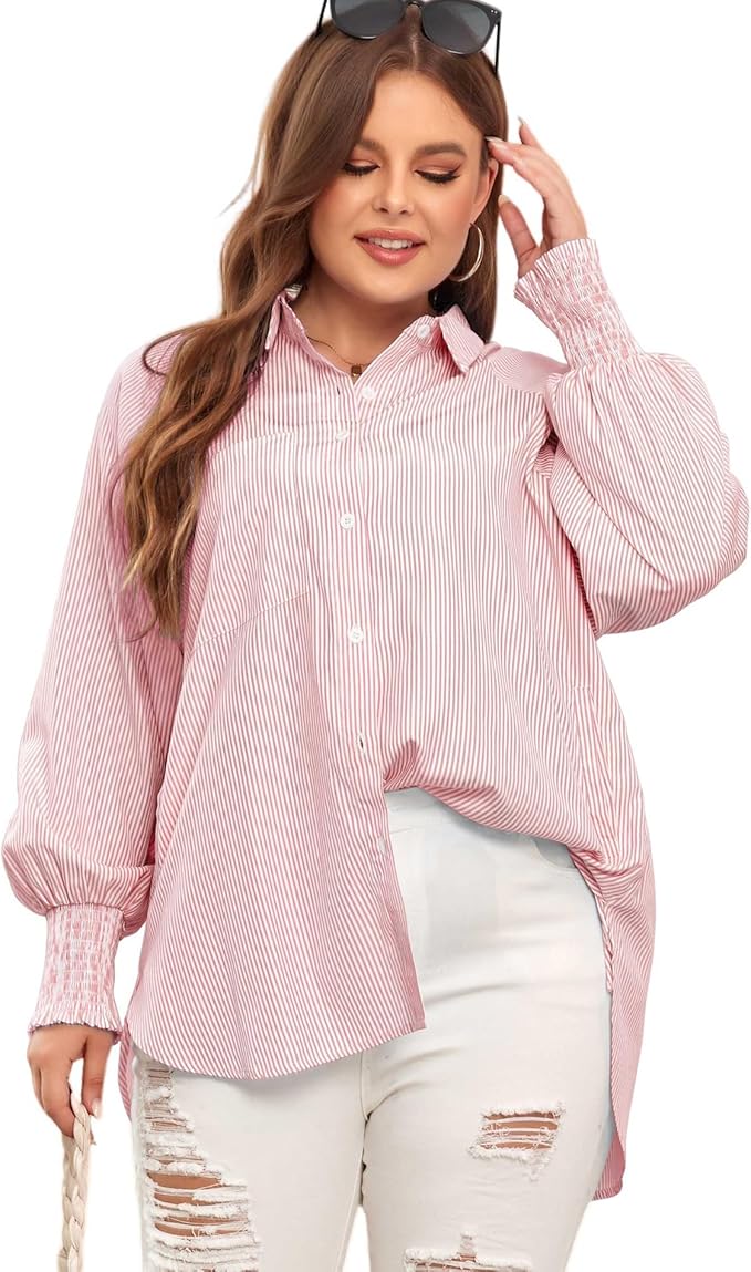 ✨Mid-length smocked shirt with striped lapel and oversized drawdown sleeves