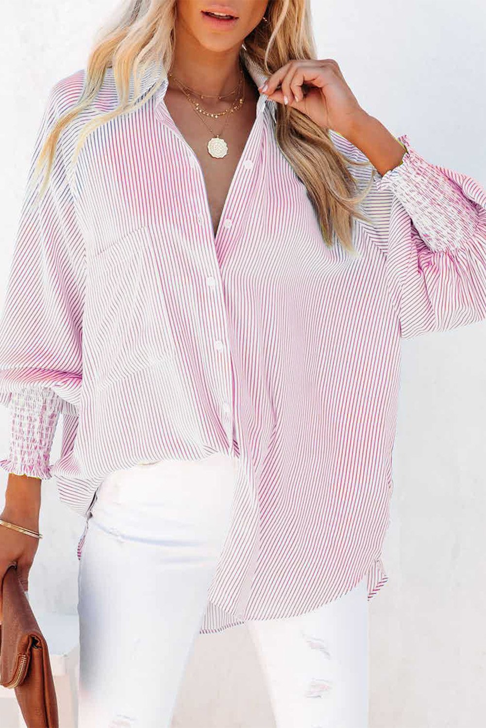✨Mid-length smocked shirt with striped lapel and oversized drawdown sleeves